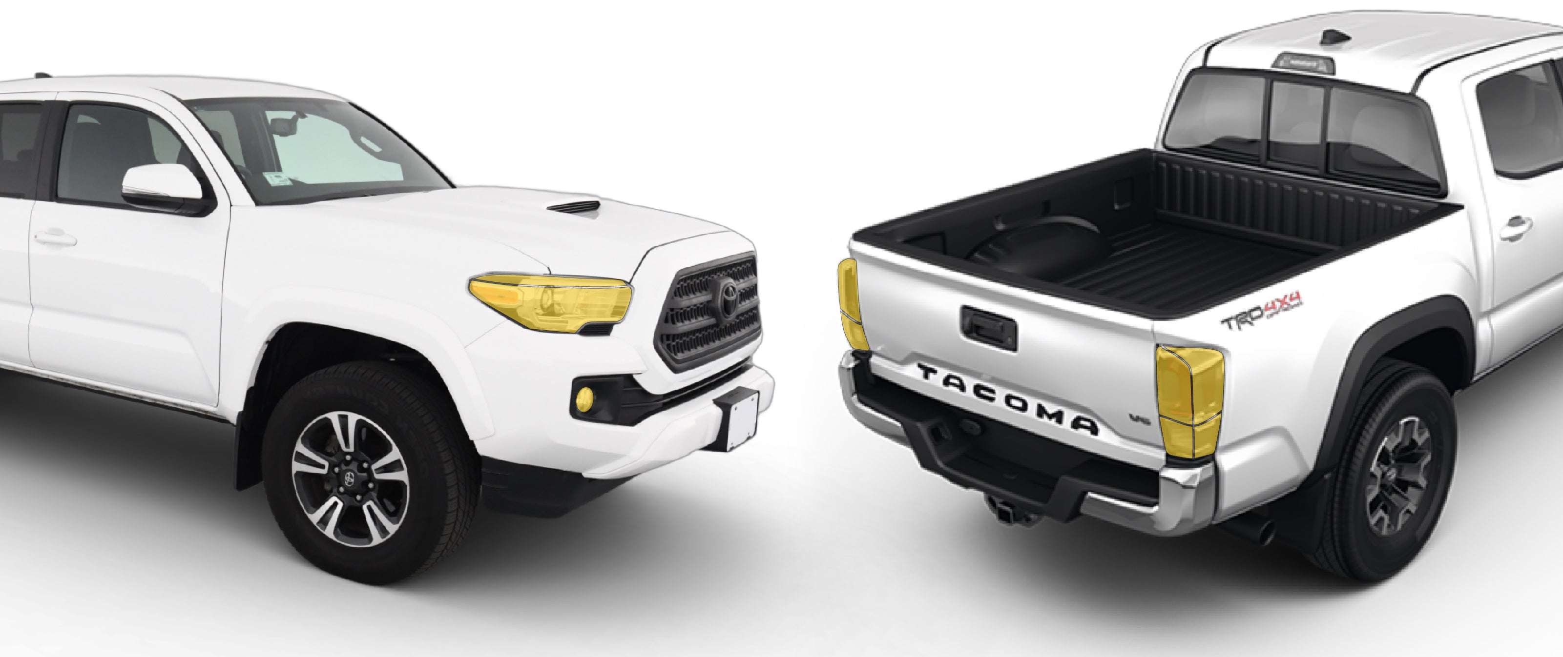 Toyota Tacoma 3rd gen with WildWrap DIY PPF lights coverage shown in yellow overlay
