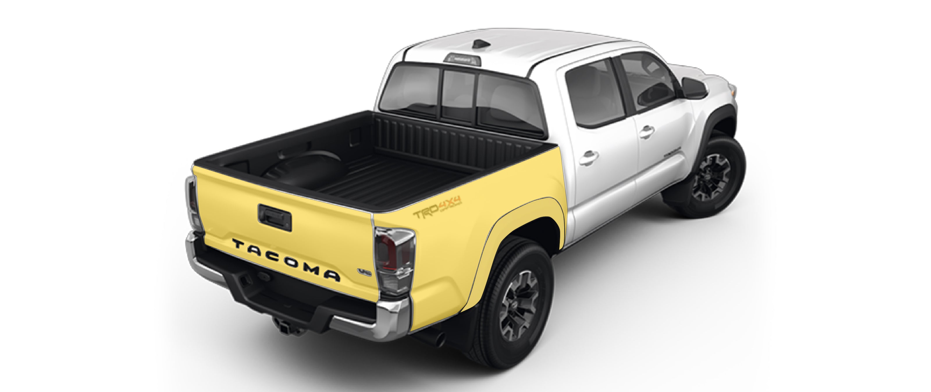 Toyota Tacoma 3rd gen with WildWrap DIY PPF short bed coverage shown in yellow overlay
