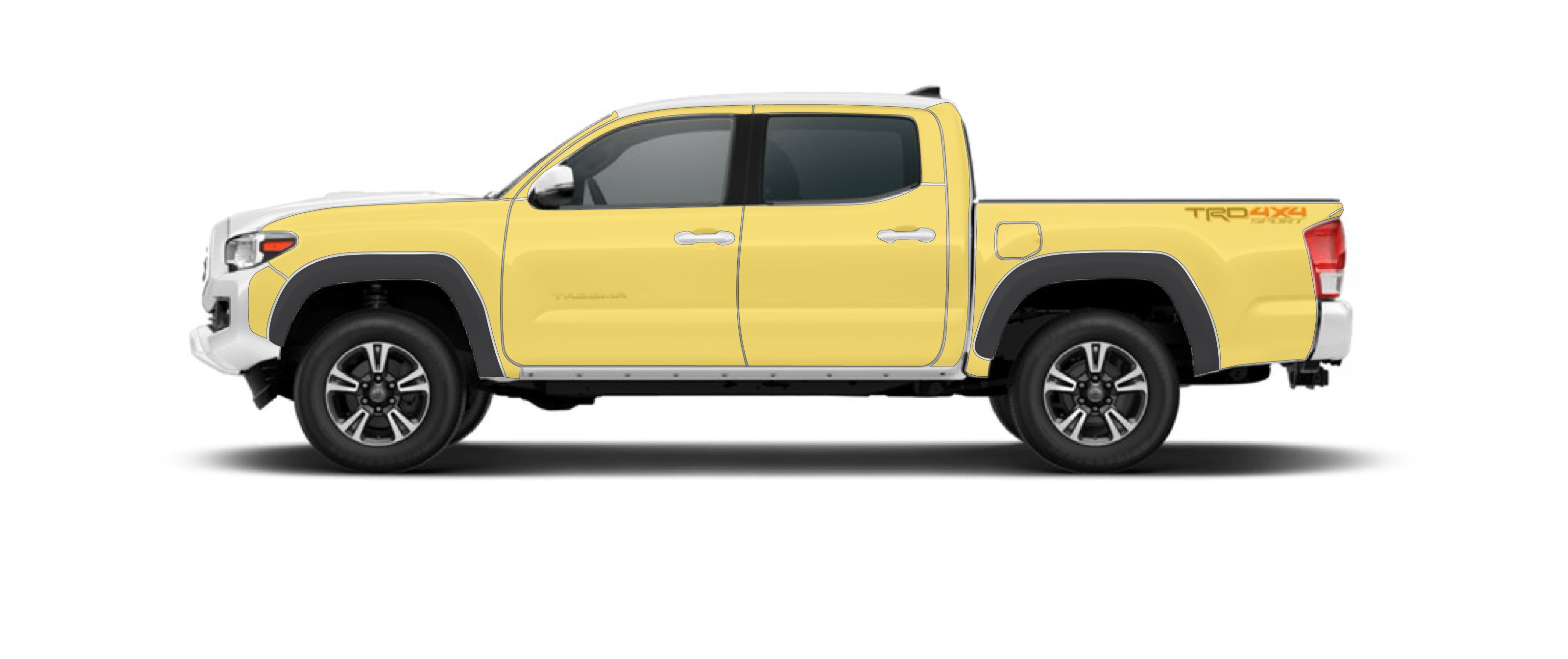 Toyota Tacoma 3rdgen with WildWrap DIY PPF sides coverage shown in yellow overlay
