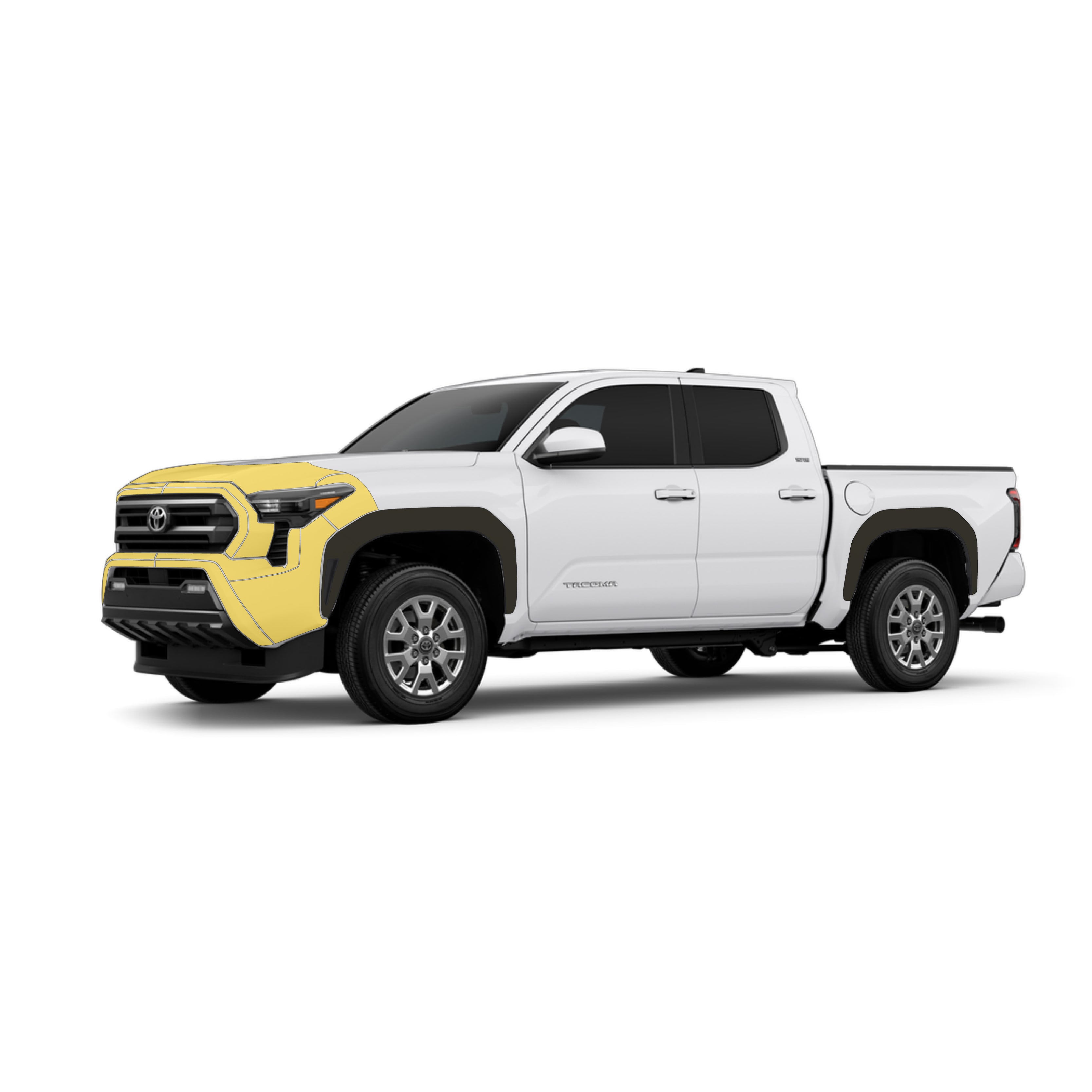 Toyota Tacoma 4th gen with WildWrap DIY PPF Front coverage shown in yellow overlay 

