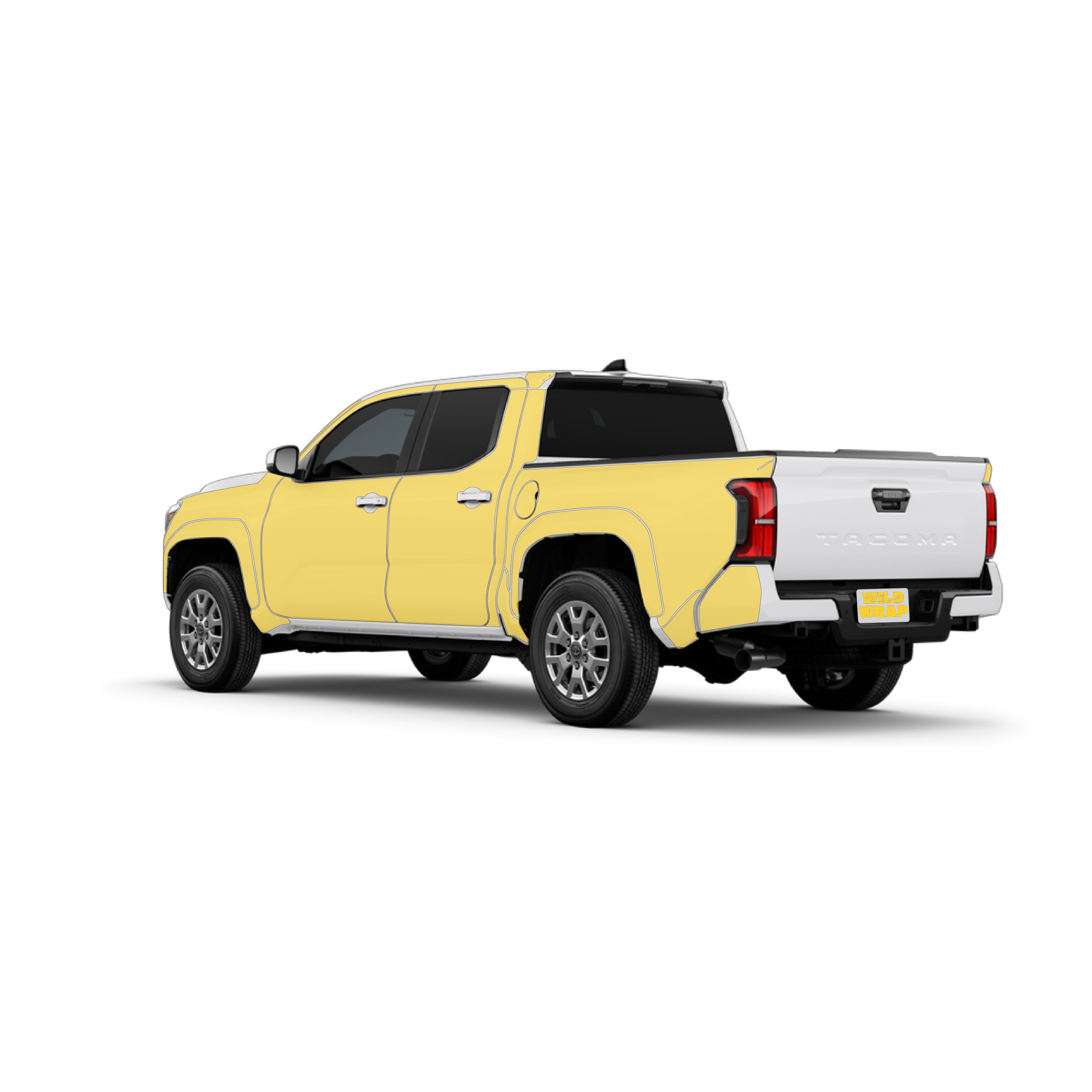 Toyota Tacoma 4th gen limited trd short bed rear view with WildWrap DIY PPF sides coverage shown in yellow overlay 