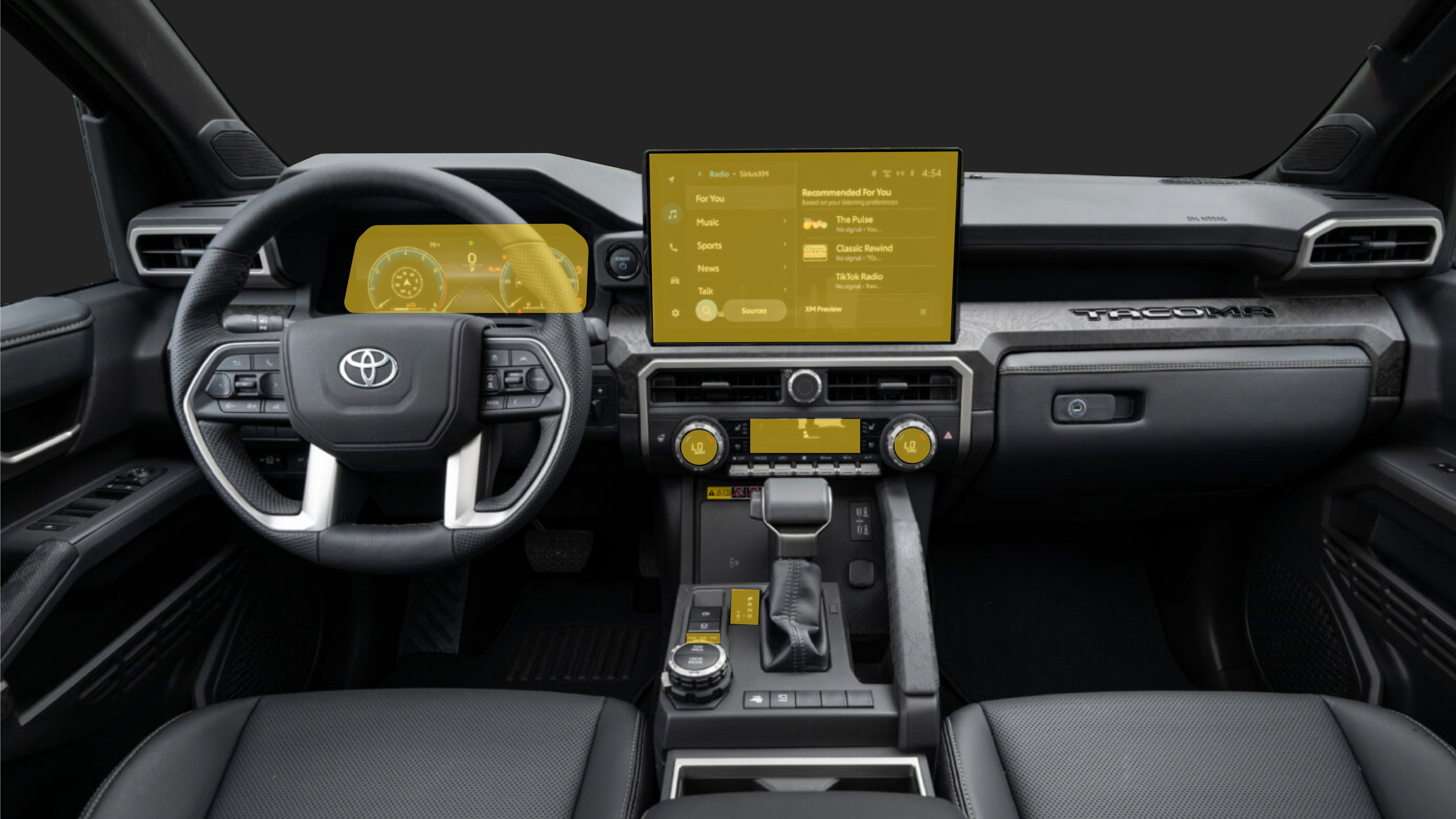 Toyota Tacoma 4th gen interior large screens with WildWrap DIY PPF sides coverage shown in yellow overlay