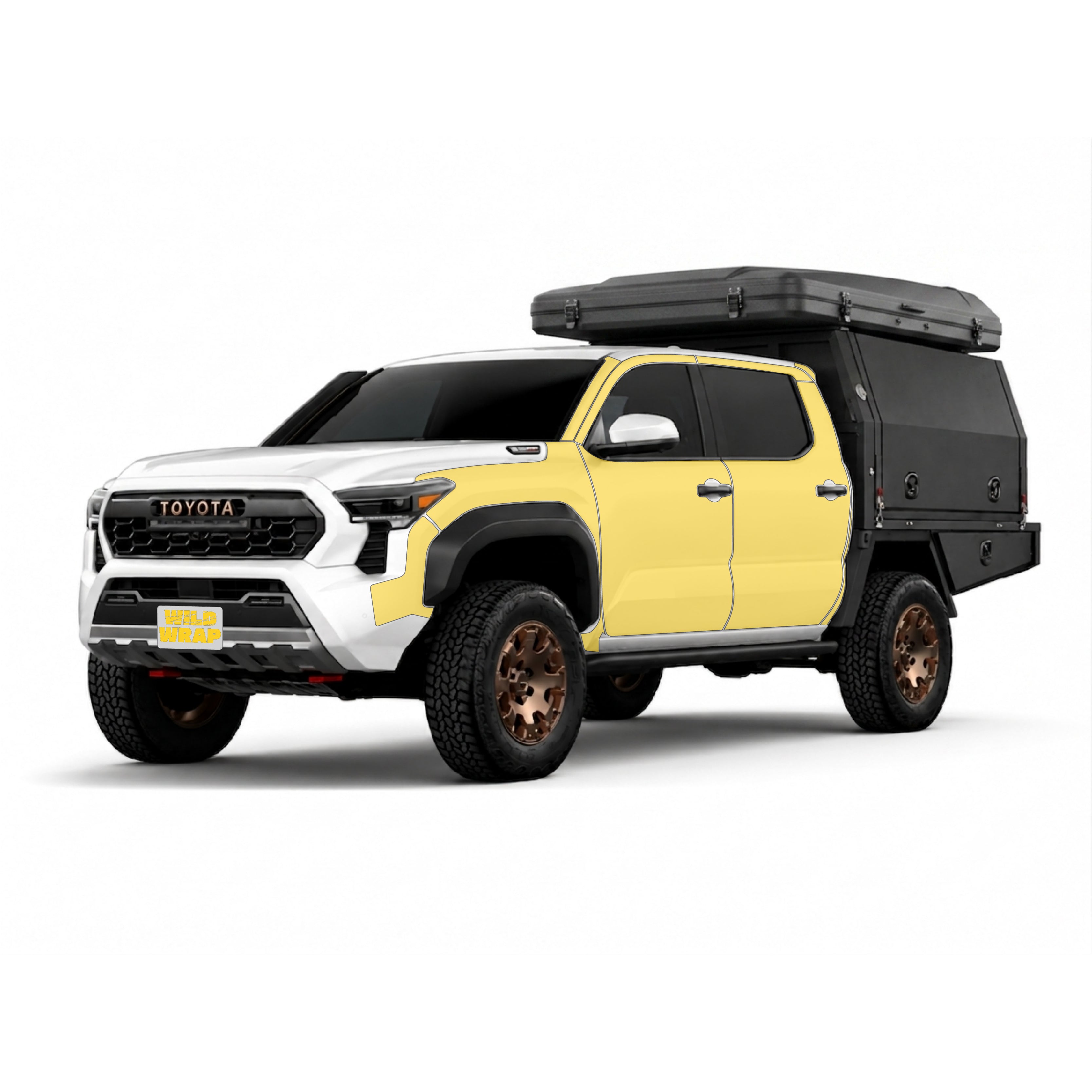 Toyota Tacoma trd 4th gen trailhunter with ute tray with WildWrap DIY PPF cab kit coverage shown in yellow overlay

